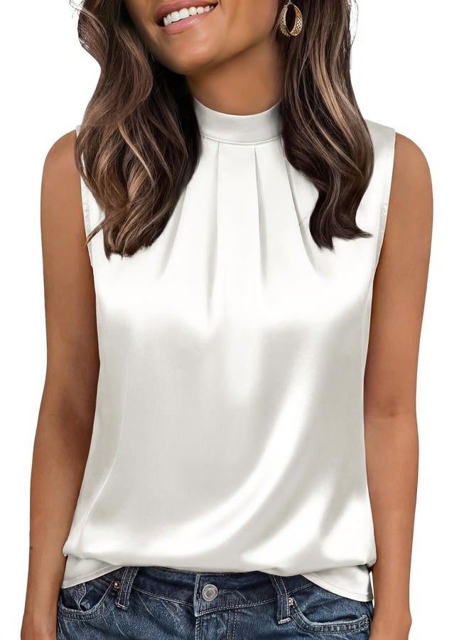 Funlingo Womens Satin Tank Tops Summer Sleeveless Mock Neck Dressy Blouses Pleated Work Shirts Business Casual Outfit, White, L - Image 1