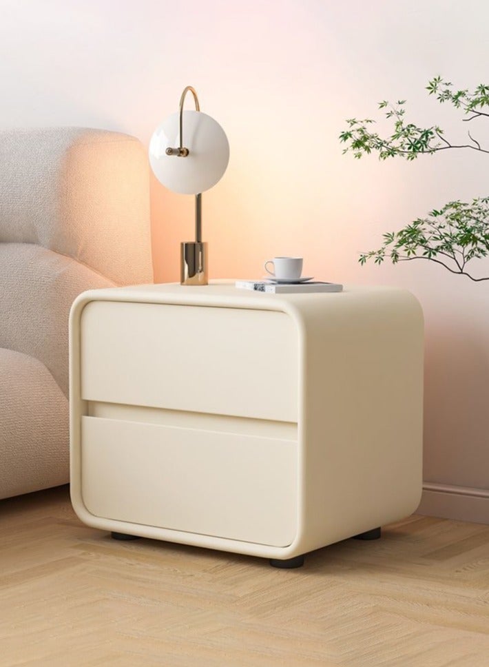 شو وو طاولة سرير جانبية حديثة من طبقتين، طاولة جانبية بدون تركيب، طاولة جانبية، طاولة جانبية نهائية، خزانة تخزين بجانب السرير، خزانة تخزين منزلية مجمعة بالكامل مع لمسة نهائية من الجلد، درجان خشبيان - Image 1