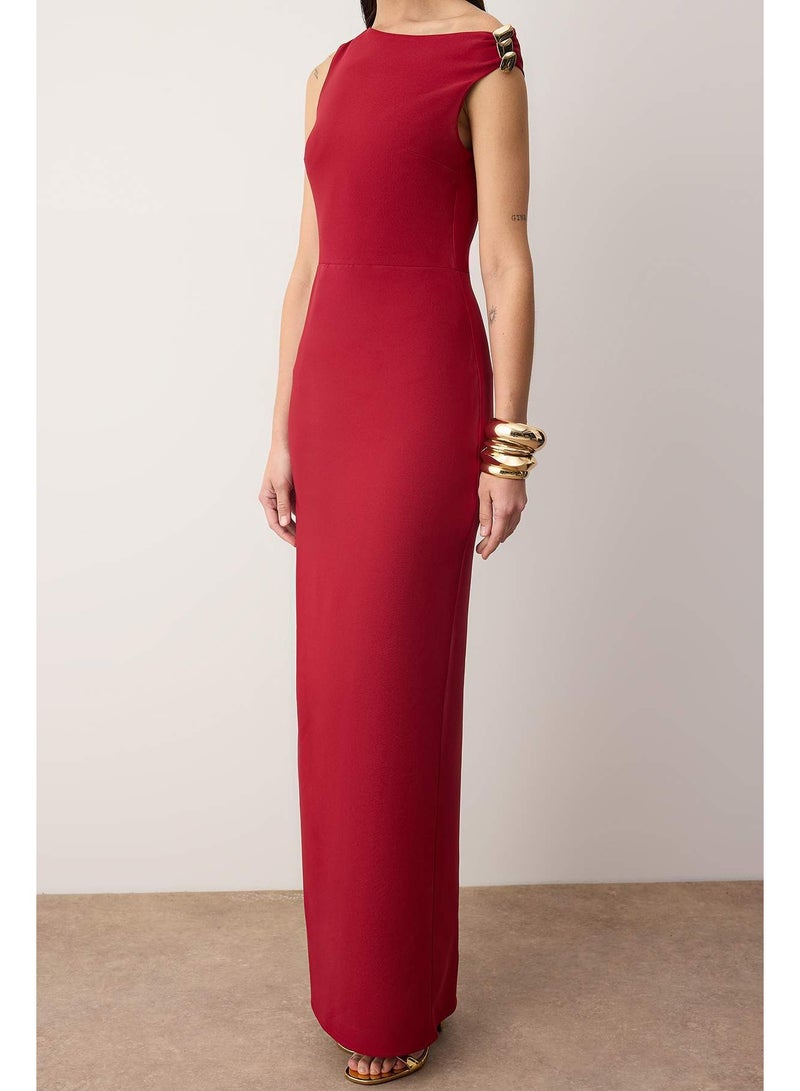trendyol Burgundy Accessory Detail Asymmetric Neckline Woven Maxi Stylish Evening Dress Night Graduation Dress Tpraw26Ae00004 - Image 1