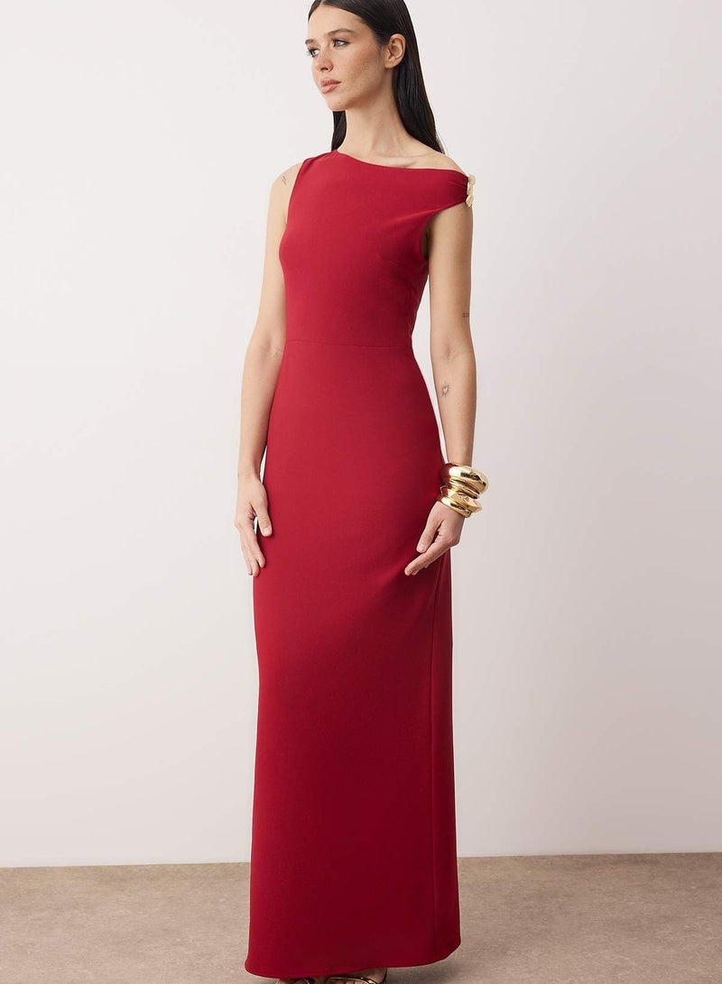 trendyol Burgundy Accessory Detail Asymmetric Neckline Woven Maxi Stylish Evening Dress Night Graduation Dress Tpraw26Ae00004 - Image 4