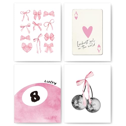 okaxscm Pink Coquette Trendy Preppy Wall Art Prints Set of 4, Coquette Room Decor, Preppy Room Decor Aesthetic, Pink Bow Disco 8 Ball Cherry Wall Decor Posters for Girls Bedroom Dorm, 8x10 Unframed - Image 1