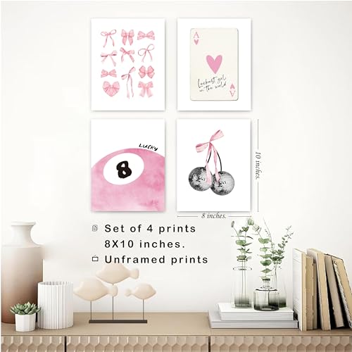 okaxscm Pink Coquette Trendy Preppy Wall Art Prints Set of 4, Coquette Room Decor, Preppy Room Decor Aesthetic, Pink Bow Disco 8 Ball Cherry Wall Decor Posters for Girls Bedroom Dorm, 8x10 Unframed - Image 3