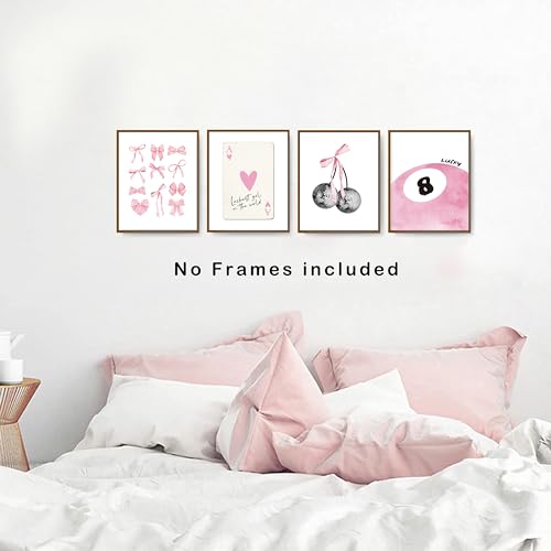 okaxscm Pink Coquette Trendy Preppy Wall Art Prints Set of 4, Coquette Room Decor, Preppy Room Decor Aesthetic, Pink Bow Disco 8 Ball Cherry Wall Decor Posters for Girls Bedroom Dorm, 8x10 Unframed - Image 4
