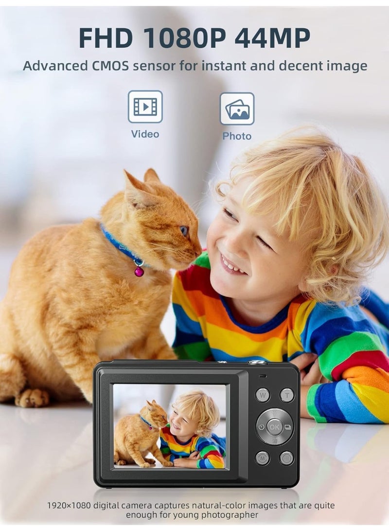 إيونتو كاميرا رقمية بدقة 1080 بكسل عالية الوضوح، كاميرا بدقة 44 ميجابكسل، كاميرا رقمية مدمجة، تقريب رقمي 16x، كاميرا سهلة الاستخدام لتصوير الفيديوهات، كاميرا رقمية مدمجة محمولة للأطفال والمراهقين وكبار السن والمبتدئين (أسود) - Image 5