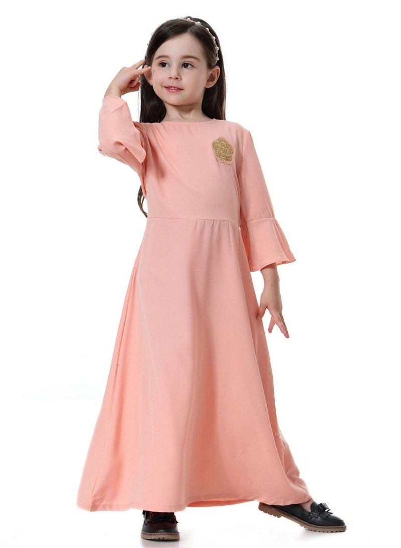 Loquat Girls Decal Dress Long Dress With Flared Sleeves Orangepink - Image 1