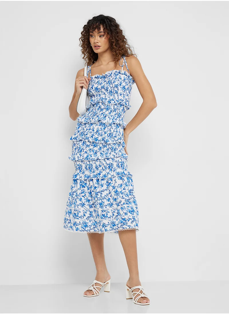 جينجر Floral Shirred Midi Dress With Frill Hem