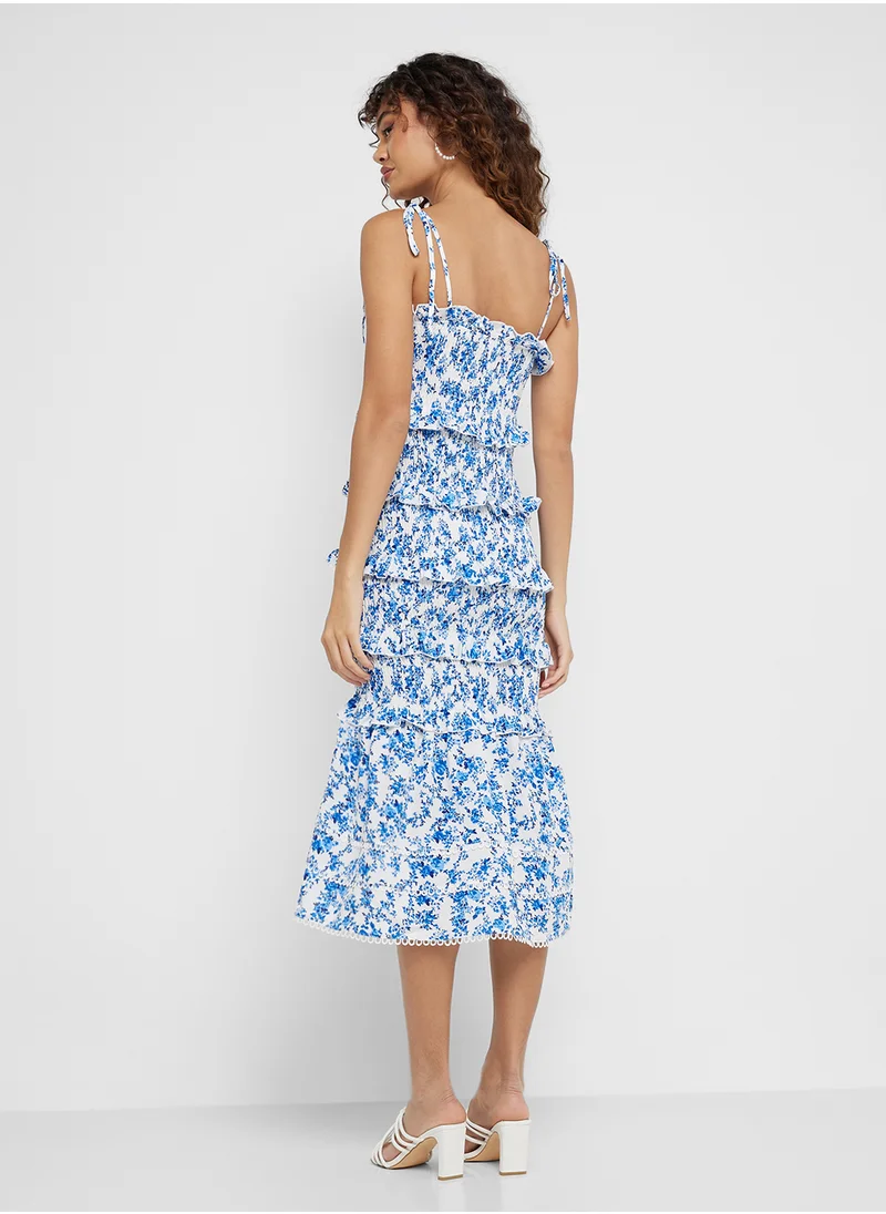 جينجر Floral Shirred Midi Dress With Frill Hem