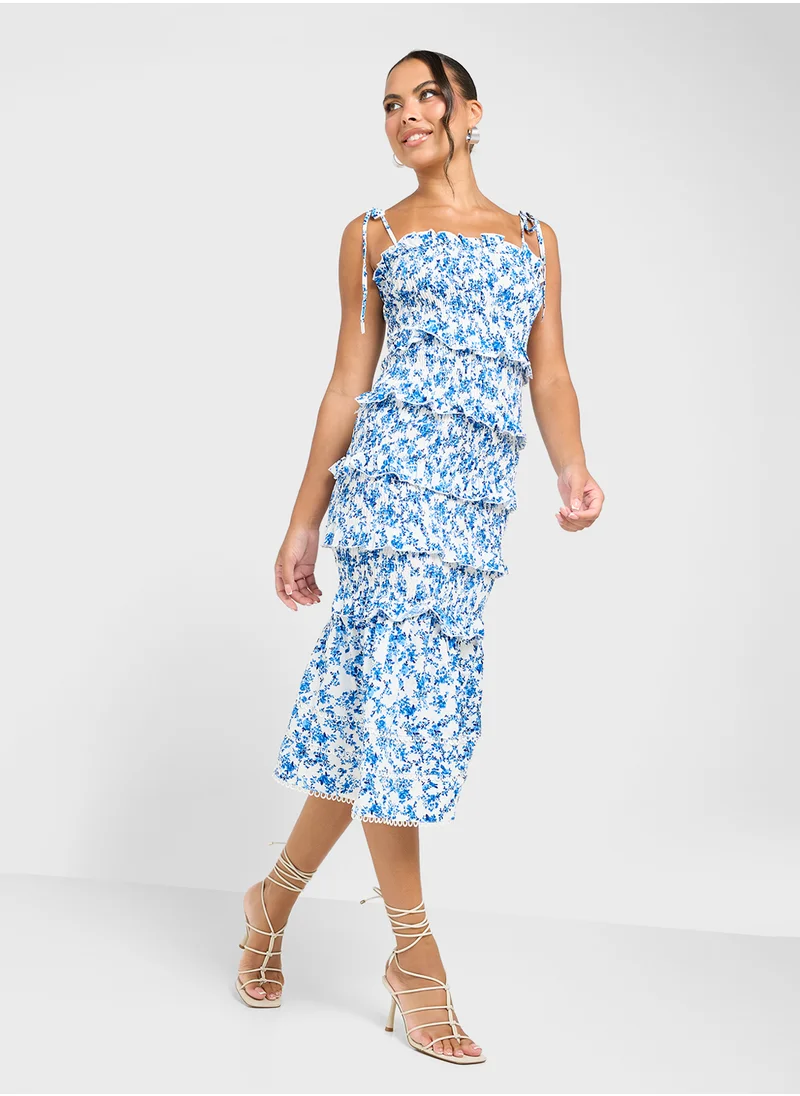 جينجر Floral Shirred Midi Dress With Frill Hem