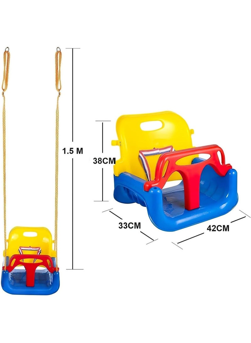 A brightly colored 3-in-1 baby swing that is adjustable and detachable to suit various stages of a child's growth, featuring a sturdy safety belt. - Image 5