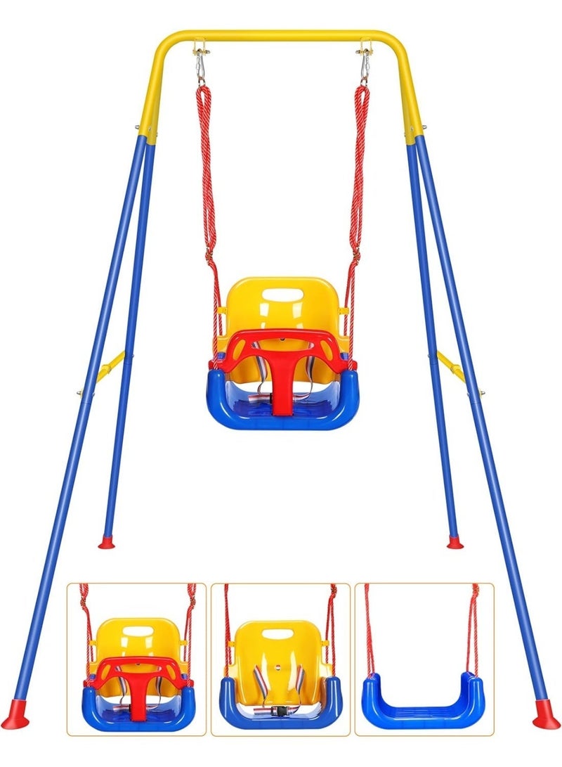 A brightly colored 3-in-1 baby swing that is adjustable and detachable to suit various stages of a child's growth, featuring a sturdy safety belt. - Image 1