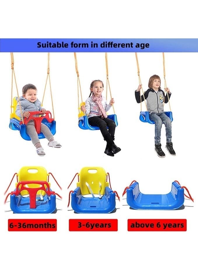 A brightly colored 3-in-1 baby swing that is adjustable and detachable to suit various stages of a child's growth, featuring a sturdy safety belt. - Image 2