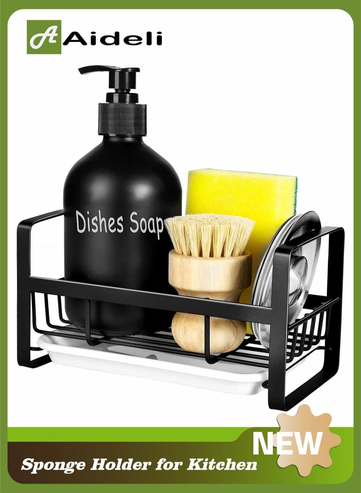Sponge Holder for Kitchen Sink- Stainless Steel Kitchen Sink Caddy for Organizing Sponge, Brush & Soap Dish Dispenser, Kitchen Sink Organizer Rack with Adhesive or Counter top, Black