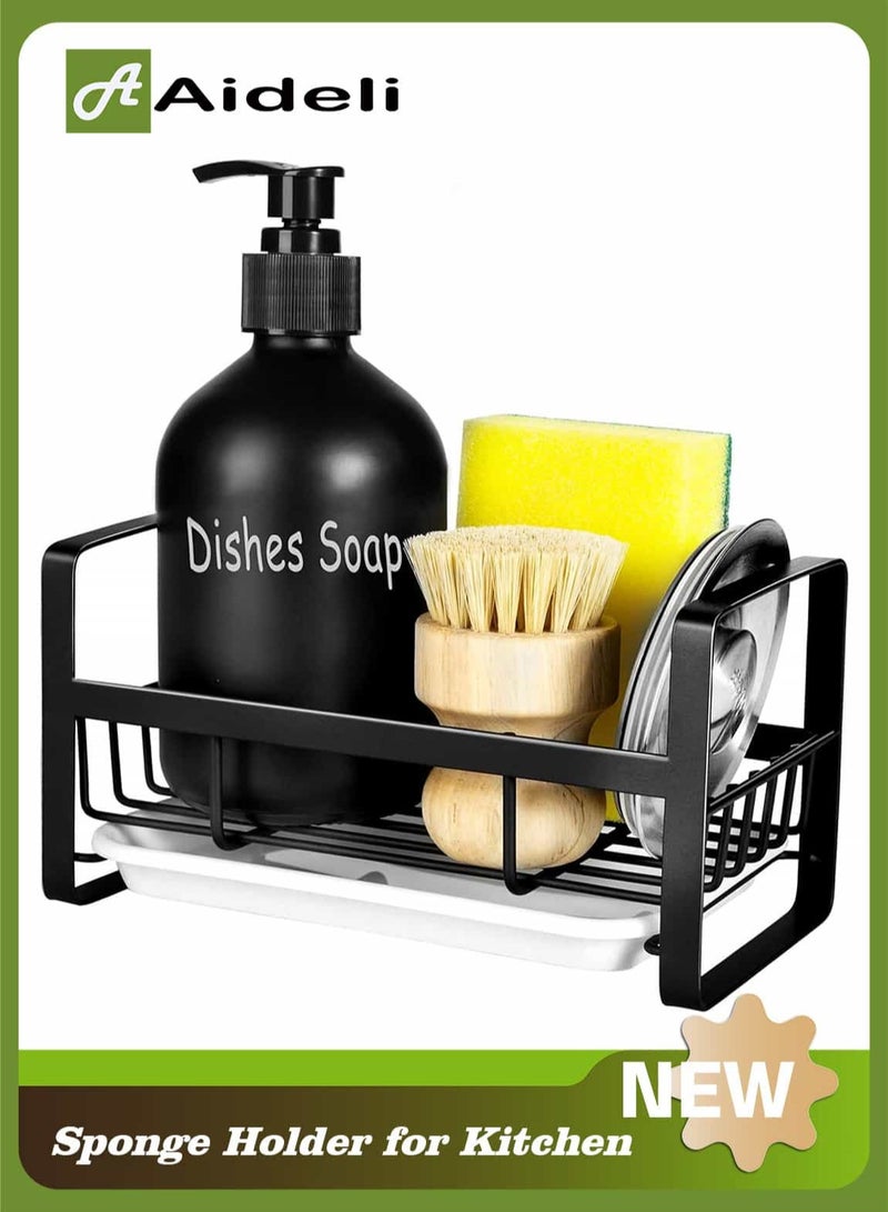 Aideli Sponge Holder for Kitchen Sink- Stainless Steel Kitchen Sink Caddy for Organizing Sponge, Brush & Soap Dish Dispenser, Kitchen Sink Organizer Rack with Adhesive or Counter top, Black - Image 1
