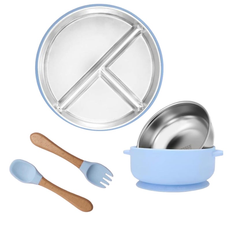 Raggle Set of 3 Silicone Baby Spoons and Forks + Suction Plate + Suction Baby Bowls for Baby Food Feeding, Non-Toxic, Non-Slip, Dishwasher Safe.(Blue, Combo Set) - Image 1