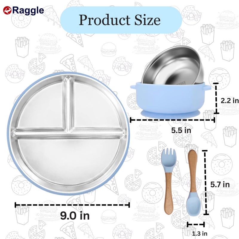 Raggle Set of 3 Silicone Baby Spoons and Forks + Suction Plate + Suction Baby Bowls for Baby Food Feeding, Non-Toxic, Non-Slip, Dishwasher Safe.(Blue, Combo Set) - Image 2