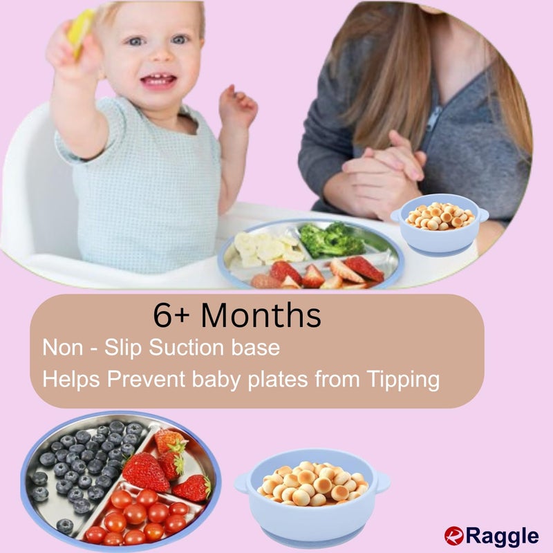 Raggle Set of 3 Silicone Baby Spoons and Forks + Suction Plate + Suction Baby Bowls for Baby Food Feeding, Non-Toxic, Non-Slip, Dishwasher Safe.(Blue, Combo Set) - Image 5