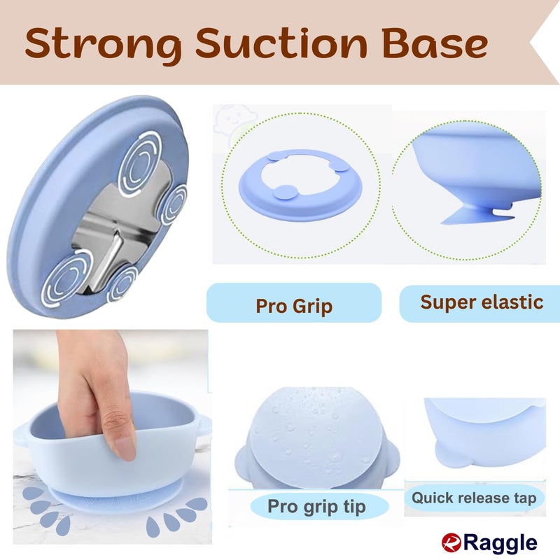 Raggle Set of 3 Silicone Baby Spoons and Forks + Suction Plate + Suction Baby Bowls for Baby Food Feeding, Non-Toxic, Non-Slip, Dishwasher Safe.(Blue, Combo Set) - Image 3