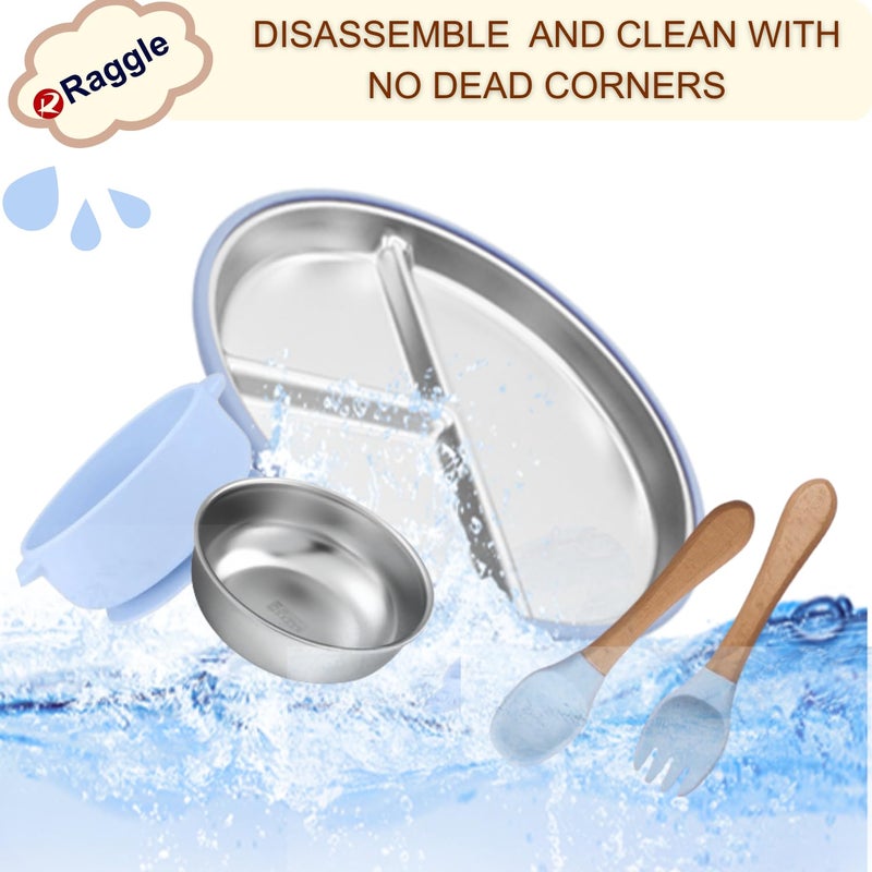 Raggle Set of 3 Silicone Baby Spoons and Forks + Suction Plate + Suction Baby Bowls for Baby Food Feeding, Non-Toxic, Non-Slip, Dishwasher Safe.(Blue, Combo Set) - Image 4