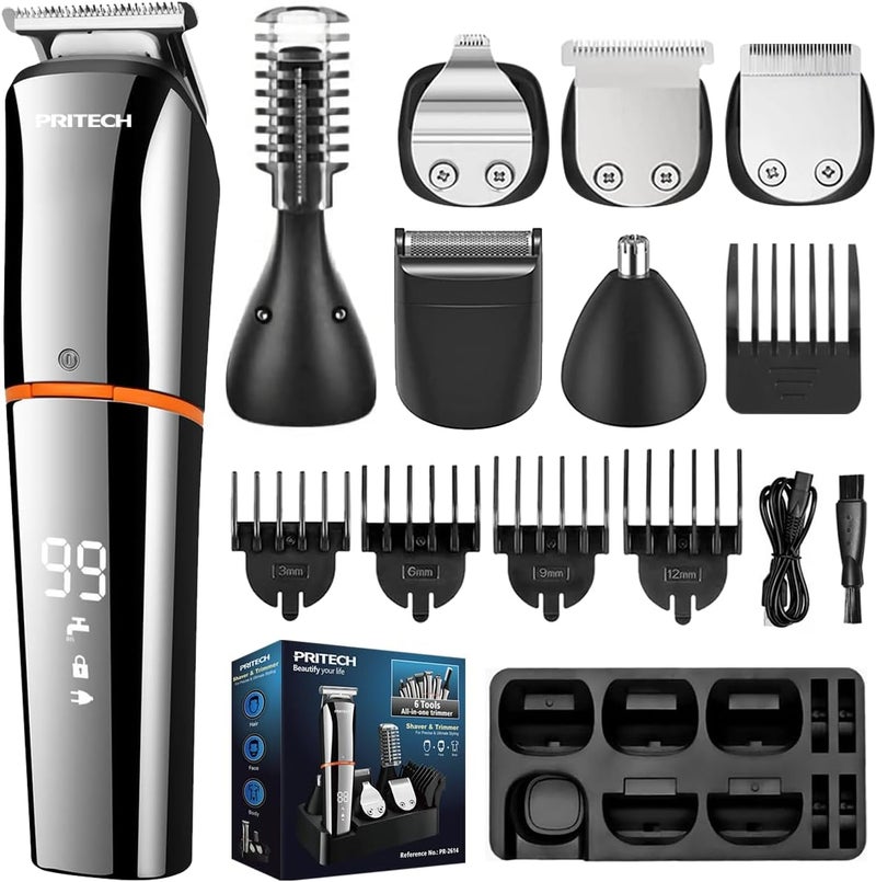 PRITECH Beard Trimmer for Men 6 in 1 Beard Trimmer Kit Electric Beard Trimmer with Hair Precision Body Nose Foil Razor Grooming Kit Waterproof IPX6 Silver