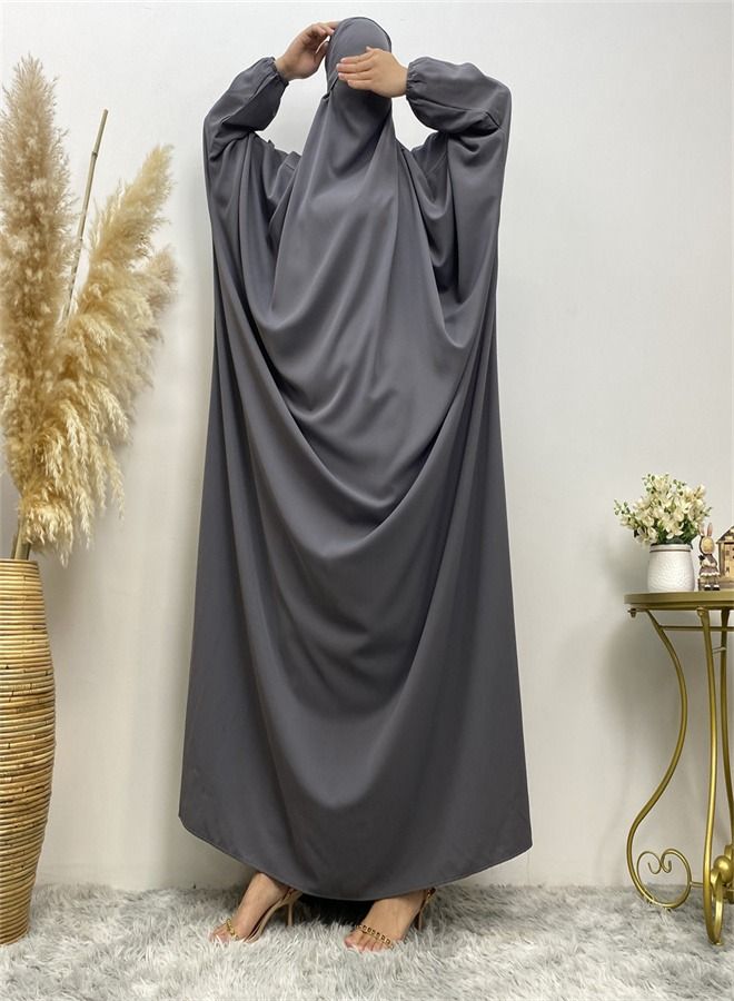Loquat Simple Loose Solid Color Dress Abaya Grey  - Image 1