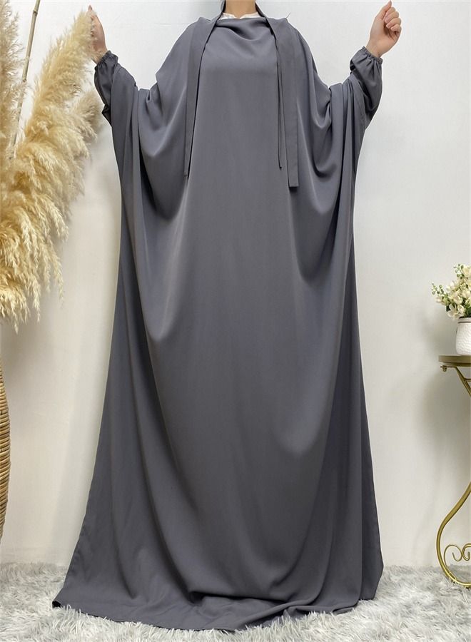 Loquat Simple Loose Solid Color Dress Abaya Grey  - Image 2