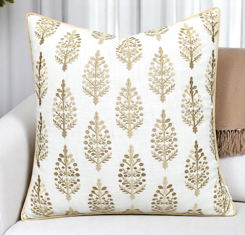 YugTex Chandni Paiseley Embroiderd Decorative Square Accent Throw Pillow Cover - Sofa, Chair, Couch, Bedroom, Living Room, Farmhouse Home Decor - 20x20 Inches-Ivory - Image 1