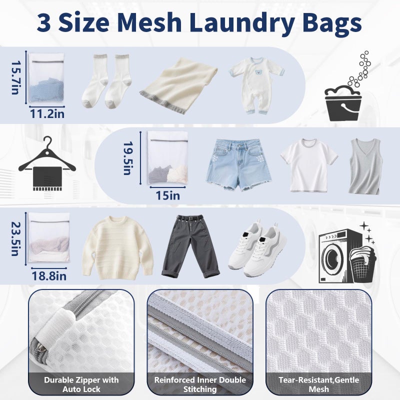 WELIDAY Laundry Bag Backpack with 3 Sizes Mesh Wash Bags and Shoulder Straps Foldable Clothes Hamper Bag with Drawstring Closure for College, Apartment, Laundromat (Black) - Image 3