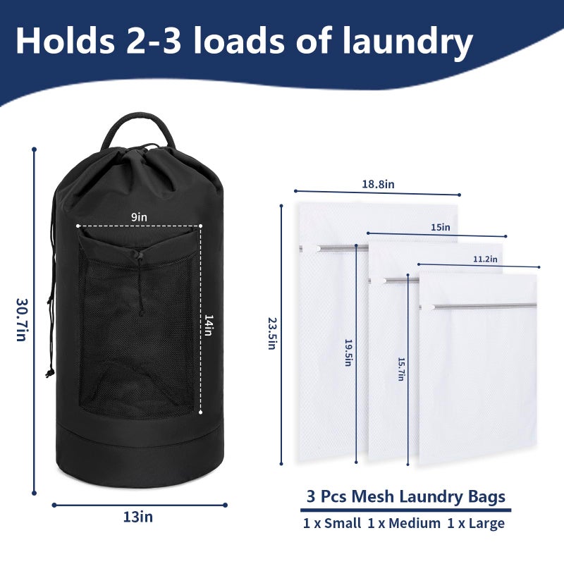 WELIDAY Laundry Bag Backpack with 3 Sizes Mesh Wash Bags and Shoulder Straps Foldable Clothes Hamper Bag with Drawstring Closure for College, Apartment, Laundromat (Black) - Image 2