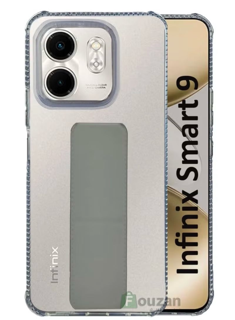 For Infinix Smart 9 Transparent Shock Proof Silicone- Magnetic Case With Hand Grip Holder & Kickstand -Clear/Grey - Image 1