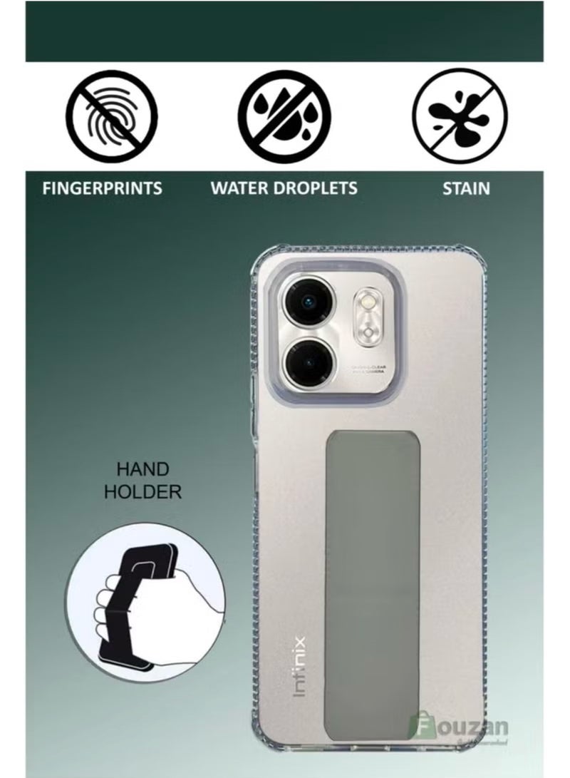For Infinix Smart 9 Transparent Shock Proof Silicone- Magnetic Case With Hand Grip Holder & Kickstand -Clear/Grey - Image 2