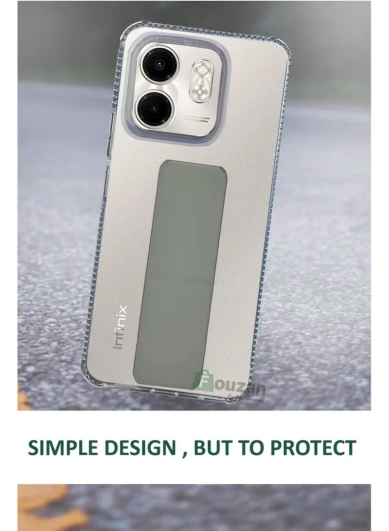 For Infinix Smart 9 Transparent Shock Proof Silicone- Magnetic Case With Hand Grip Holder & Kickstand -Clear/Grey - Image 3