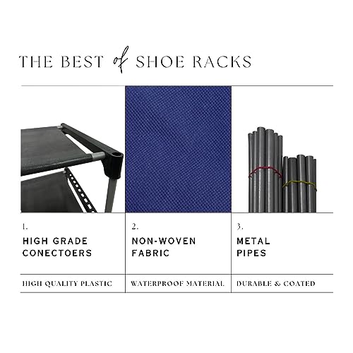 PHILOSHOP 6 Tier Metal Shoe Rack Collapsible Shoe Organiser with Adjustable Shelves Space Saving Lightweight Racks Foldable Sneaker Footwear Best for Men, Women, Boots, Slippers (Dark Blue Cover) - Image 2