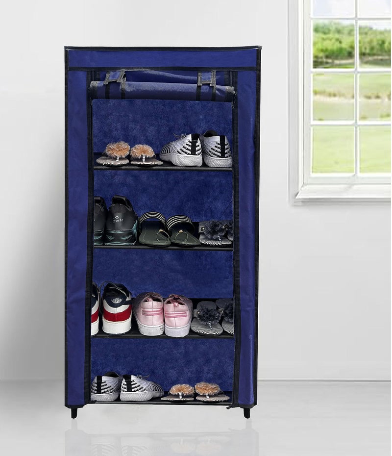 PHILOSHOP 6 Tier Metal Shoe Rack Collapsible Shoe Organiser with Adjustable Shelves Space Saving Lightweight Racks Foldable Sneaker Footwear Best for Men, Women, Boots, Slippers (Dark Blue Cover) - Image 1