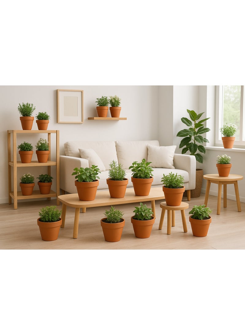 طقم 12 وعاء زهور فخاري طبيعي بلون طيني أنيق – فتحات تصريف للماء وتهوية للجذور، مناسب للنباتات الداخلية والخارجية، ديكور منزلي ومكتبي بمقاس ‎15×15×13 سم - Image 2