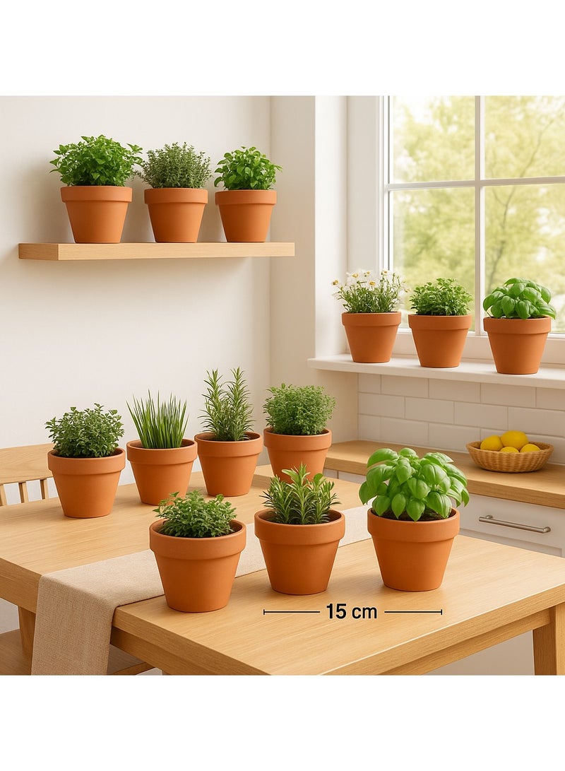طقم 12 وعاء زهور فخاري طبيعي بلون طيني أنيق – فتحات تصريف للماء وتهوية للجذور، مناسب للنباتات الداخلية والخارجية، ديكور منزلي ومكتبي بمقاس ‎15×15×13 سم - Image 3