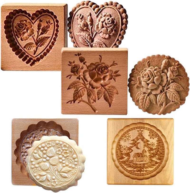 Yangshine 4 Pieces Wooden Cookie Molds Carved Wood Mold DIY Cookie Stamp Cookie Cutters Funny 3D Press Embossing Mold Floral Pattern Baking Tool - Image 1