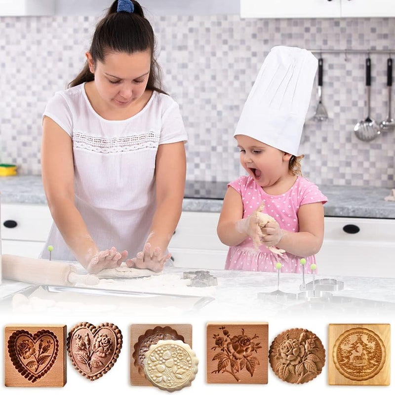 Yangshine 4 Pieces Wooden Cookie Molds Carved Wood Mold DIY Cookie Stamp Cookie Cutters Funny 3D Press Embossing Mold Floral Pattern Baking Tool - Image 3