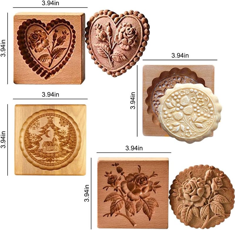 Yangshine 4 Pieces Wooden Cookie Molds Carved Wood Mold DIY Cookie Stamp Cookie Cutters Funny 3D Press Embossing Mold Floral Pattern Baking Tool - Image 5