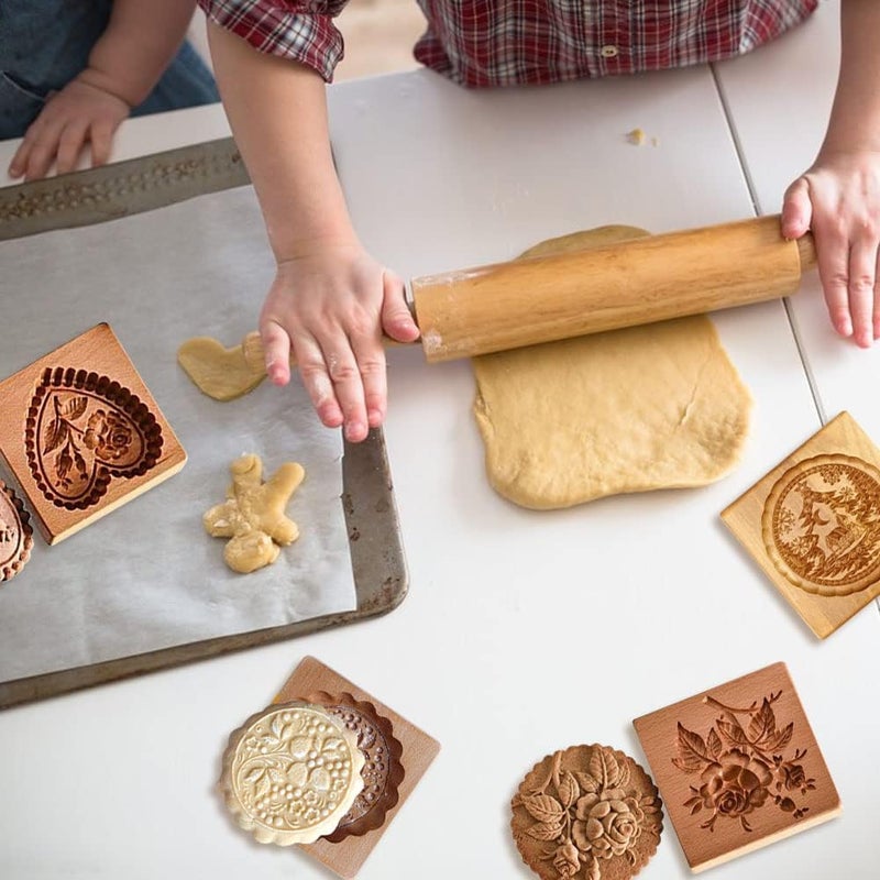Yangshine 4 Pieces Wooden Cookie Molds Carved Wood Mold DIY Cookie Stamp Cookie Cutters Funny 3D Press Embossing Mold Floral Pattern Baking Tool - Image 4
