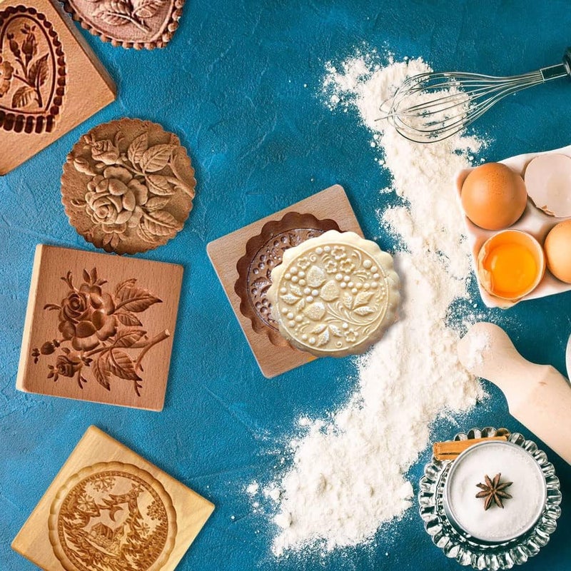 Yangshine 4 Pieces Wooden Cookie Molds Carved Wood Mold DIY Cookie Stamp Cookie Cutters Funny 3D Press Embossing Mold Floral Pattern Baking Tool - Image 2