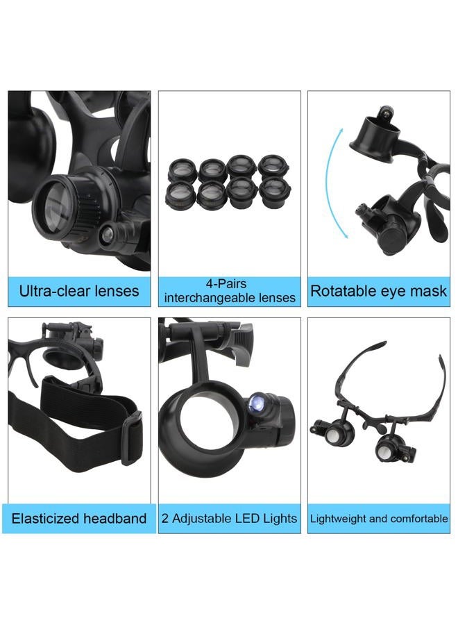 Rongon 10X 15X 20X 25X Headband Magnifier Double Eyes Glass Jeweler Loupe with 2 LED Lights 8 Replaceable Lens for Jeweler Watch Repair - Image 3