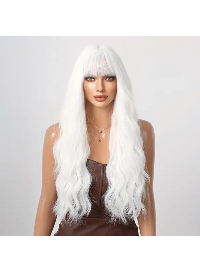 باروكة طويلة أنيقة مجعدة مع شعر أمامي للنساء بلون أبيض غير لامع بطول 26 بوصة - Image 5