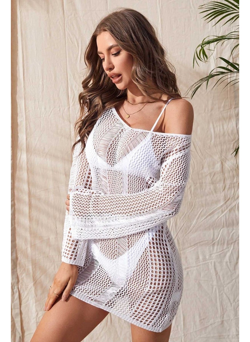 Angelsin Knitted Cotton Long Sleeve Pareo Beach Dress Kimono Kaftan  - Image 5