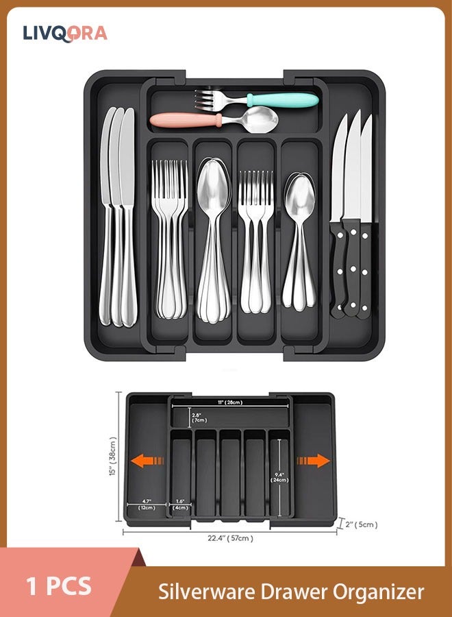ليفقورا منظم أدوات المائدة للد drawer، تعديل تلسكوبي لمساحة السكاكين، الملاعق، والشوك. منظم أدوات المائدة الأنيق والموفر للمساحة لمطبخ منظم (أسود). - Image 1