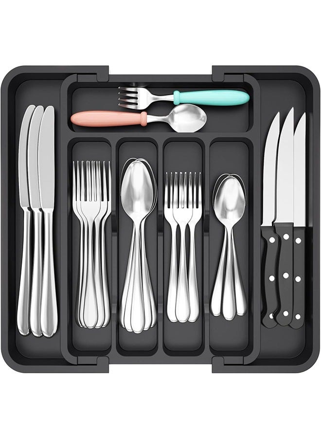 Silverware Drawer Organizer, Telescopic adjustment Space for Knifes, Spoons, Forks. Sleek & Space-Saving Silverware Organizer for an Organized Kitchen (Black).  - Image 1