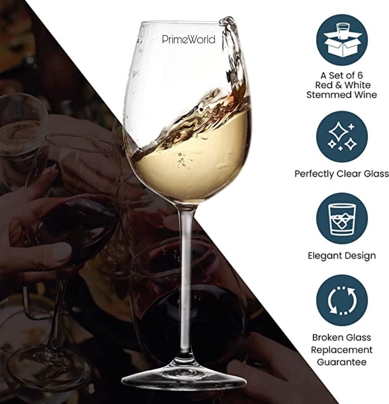 PrimeWorld طقم كؤوس نبيذ أحمر وأبيض بسعة 320 مل بتصميم أوروبي عصري، 6 قطع، زجاج خالٍ من الرصاص 100% - Image 4
