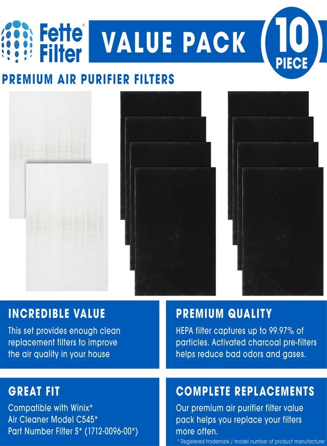 فيتي فلتر فلتر Fette - C545 فلاتر HEPA بديلة ممتازة متوافقة مع فلتر Winix S لتنقية الهواء C545 رقم القطعة 1712-0096-00 تتضمن 2 فلتر HEPA حقيقي + 8 فلاتر كربون. - Image 3