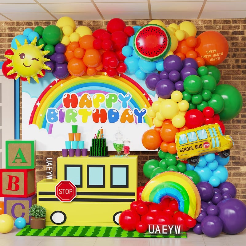 UAEYW Rainbow Balloon Arch Garland Kit,159pcs Assorted Colors with Watermelon School Bus Rainbow Sun Mylar Balloons for Watermelon Birthday Party Back to School Kindergarten Graduation Decorations - Image 1