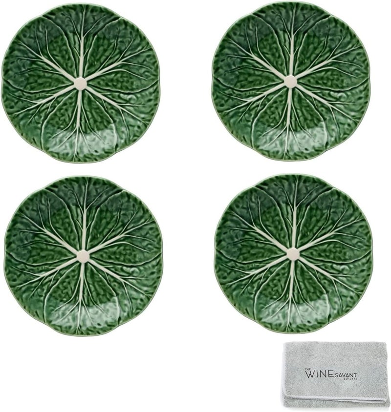 The Wine Savant The Wine Savant Bordallo Pinheiro Cabbage Green Dessert Plate Set of 4 with A Microfiber Cleaning Towel  Gourmet Kitchen Presentation Lettuce Serving Dish Platter For Party Wedding Tableware 8 L  - Image 1