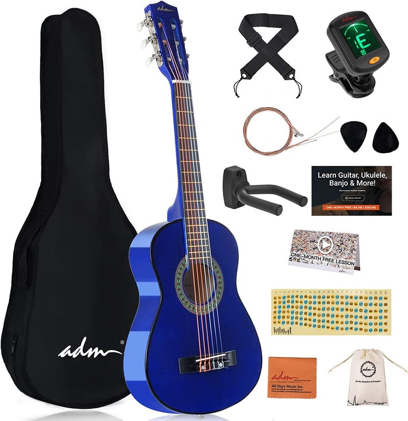 ADM Beginner Acoustic Classical Guitar 30 Inch Nylon Strings Wooden Guitar Bundle Kit for Kid Boy Girl Student Youth Guitarra Online Lessons with Gig Bag Strap Tuner Extra Strings PicksBlue